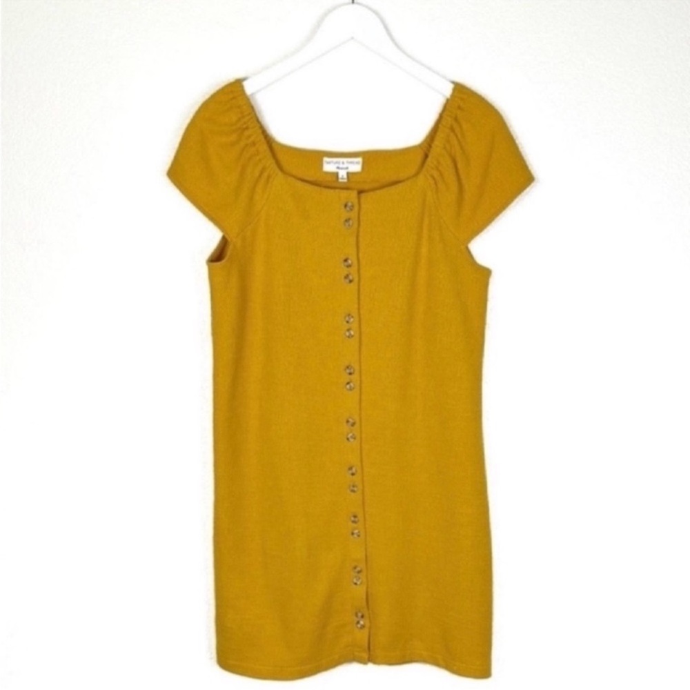 Madewell cotton yellow nubby Texture & Thread button cap sleeve dress size M
